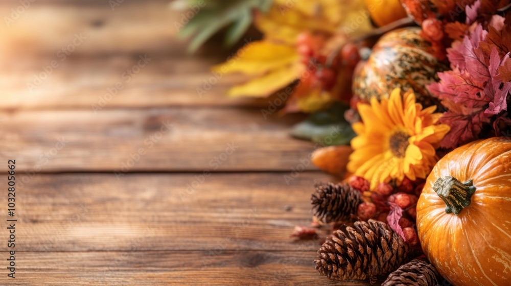 An arrangement of pumpkins, vibrant sunflowers, and autumn leaves scattered on a rustic wooden table, creating a warm seasonal atmosphere perfect for fall decorations An arrangement of pumpkins, vibrant sunflowers, and autumn leaves scattered on a rustic wooden table, creating a warm seasonal atmosphere perfect for fall decorations