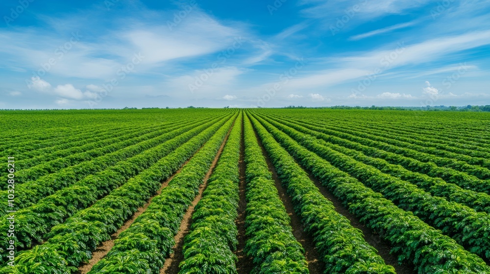Aerial view of a coffee plantation with rows of lush coffee trees, under a bright blue sky, stretching toward the horizon Aerial view of a coffee plantation with rows of lush coffee trees, under a bright blue sky, stretching toward the horizon