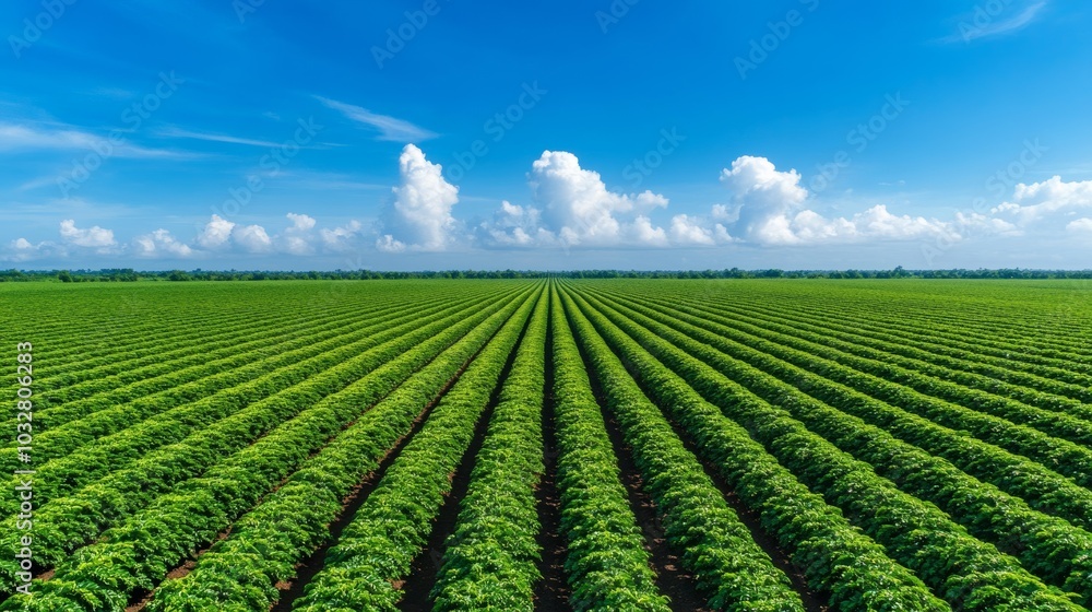 Aerial view of a coffee plantation with rows of lush coffee trees, under a bright blue sky, stretching toward the horizon 