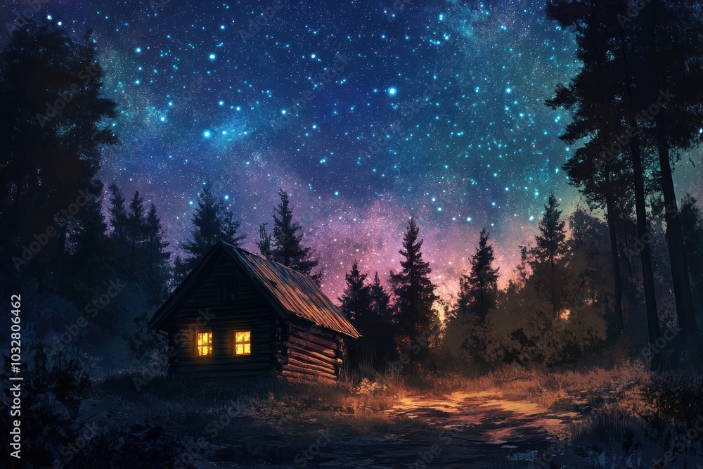A Cabin in the Woods Under a Starry Night Sky A Cabin in the Woods Under a Starry Night Sky
