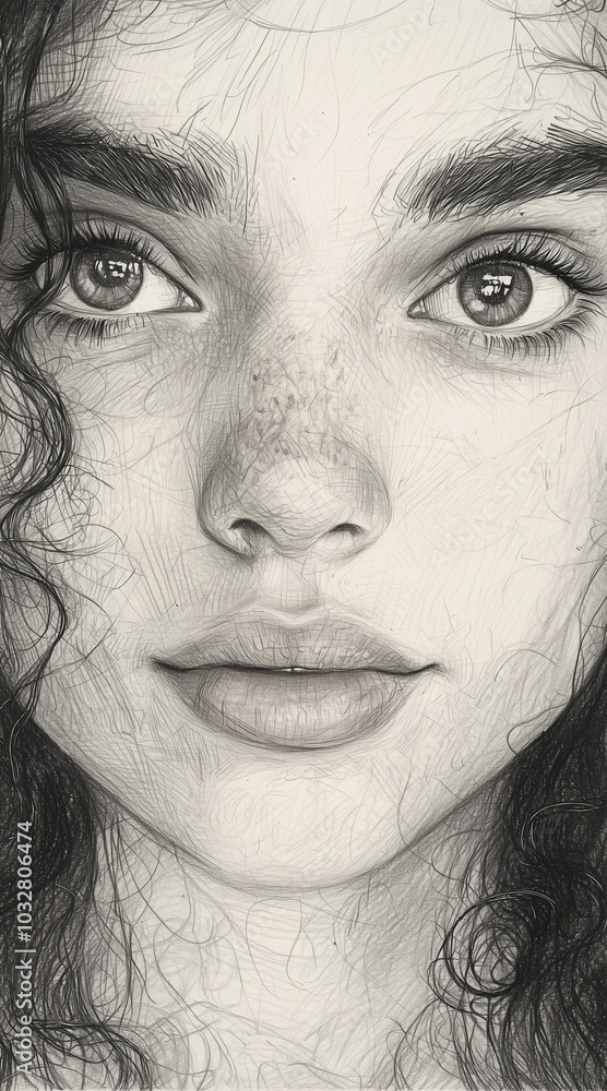 Obraz premium Portrait of a girl drawn in pencil. Close-up of the face. Curly, long hair. Big strokes