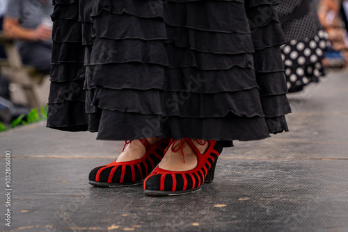 Wirujący taniec, zbliżenie na nogi tancerek flamenco. photo