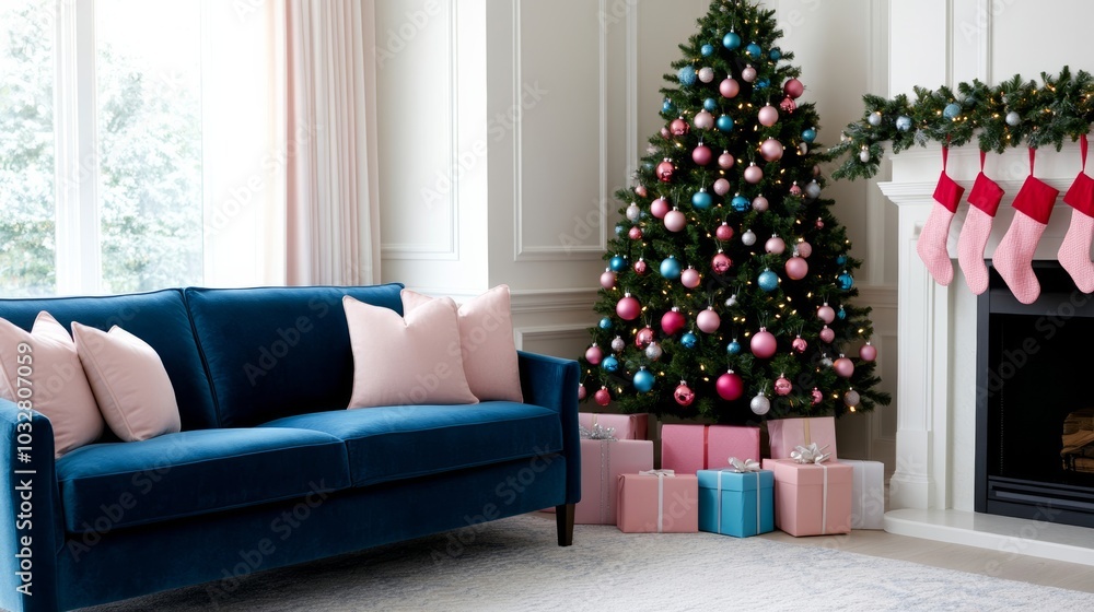 Cozy pastel Christmas living room with a tree decorated in soft pink and blue ornaments, stockings hanging on the fireplace, and pastel-colored wrapped gifts below Cozy pastel Christmas living room with a tree decorated in soft pink and blue ornaments, stockings hanging on the fireplace, and pastel-colored wrapped gifts below