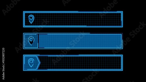 Text title box set, locate pin icon, isolated black background. 8-second video with continuous seamless loop from 1 to 7-second mark.