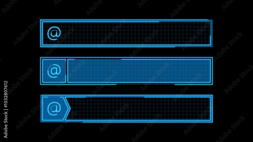 Text title box set, at sign web mail icon, isolated black background. 8-second video with continuous seamless loop from 1 to 7-second mark. Text title box set, at sign web mail icon, isolated black background. 8-second video with continuous seamless loop from 1 to 7-second mark.