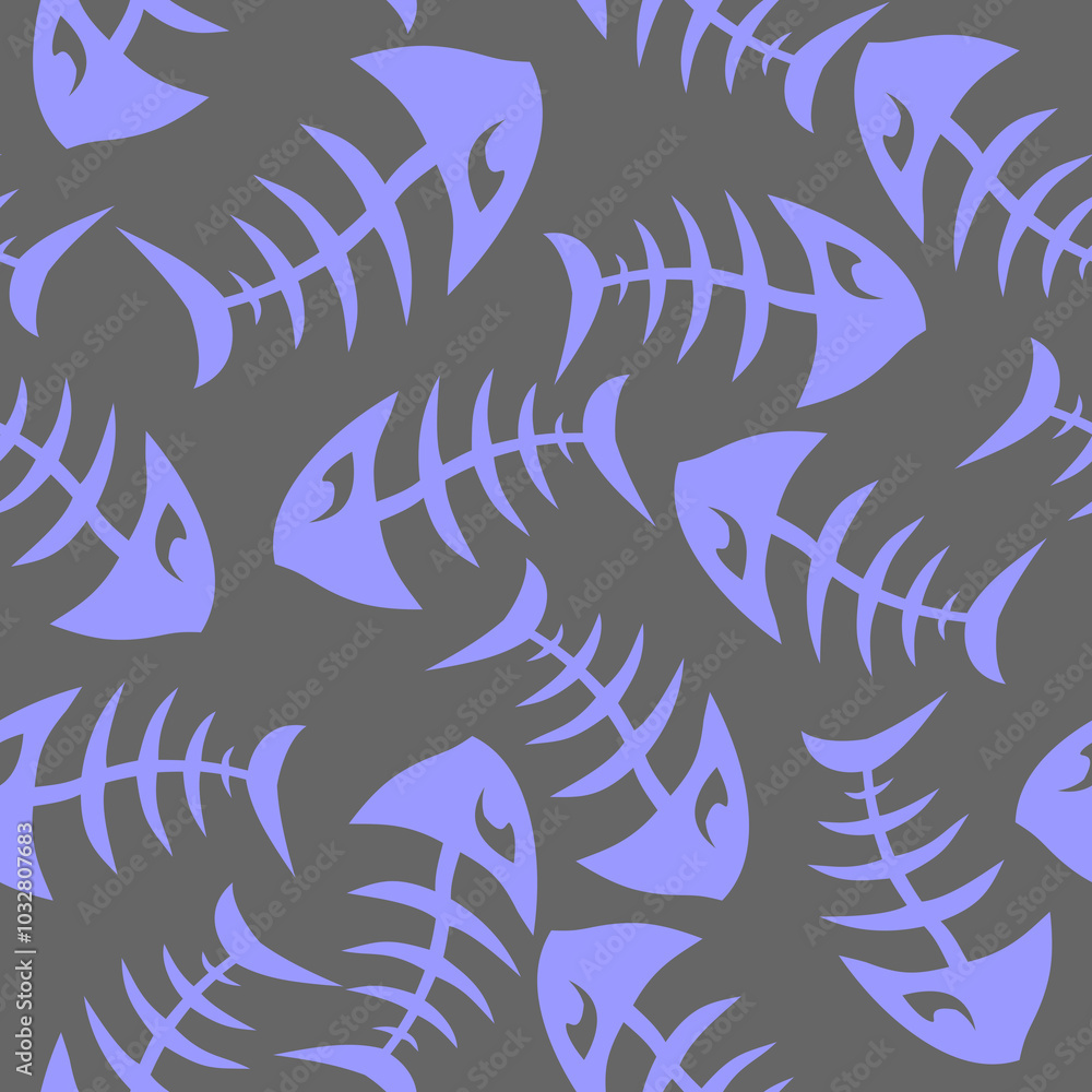 bright seamless pattern of blue graphic fish skeletons on a gray background, texture, design bright seamless pattern of blue graphic fish skeletons on a gray background, texture, design