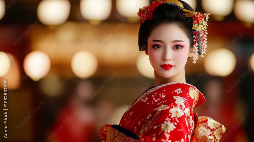 Geisha performing a graceful dance, wearing a vibrant red and gold kimono with her hair styled in intricate kanzashi, set against a backdrop of a traditional Japanese teahouse Geisha performing a graceful dance, wearing a vibrant red and gold kimono with her hair styled in intricate kanzashi, set against a backdrop of a traditional Japanese teahouse