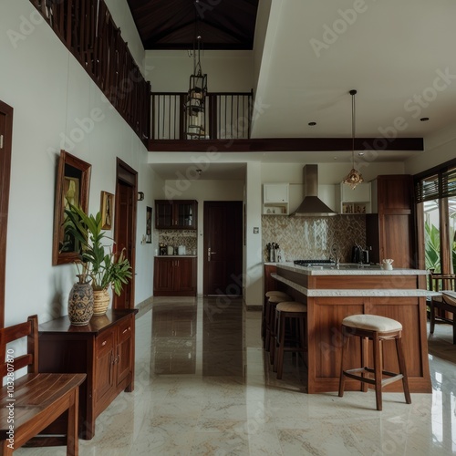 Modern kitchen with high ceilings, wooden cabinets, and a large island with bar stools.