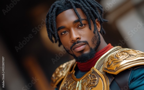 A man with dreadlocks and a beard is wearing a gold and red costume. He is standing in front of a wall