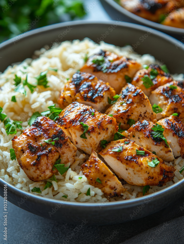 Grilled chicken served over rice with parsley garnish. Grilled chicken served over rice with parsley garnish.