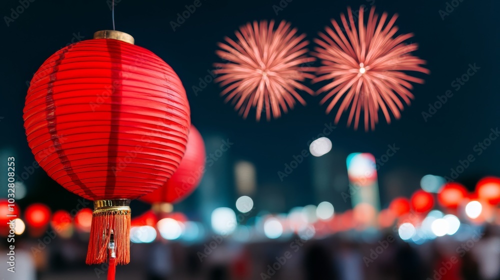Obraz premium Lunar New Year fireworks reflected over a bustling cityscape, with people celebrating in the streets below under glowing red lanterns 
