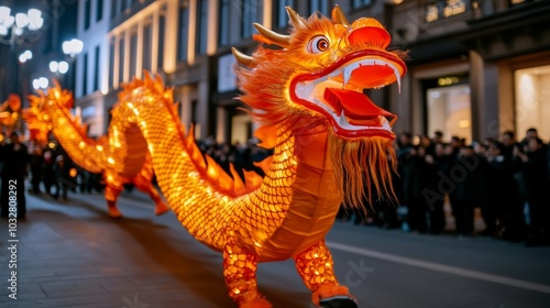 Majestic dragon dance performers in colorful costumes winding through a busy street, with cheering crowds and glowing lanterns celebrating Lunar New Year  photo