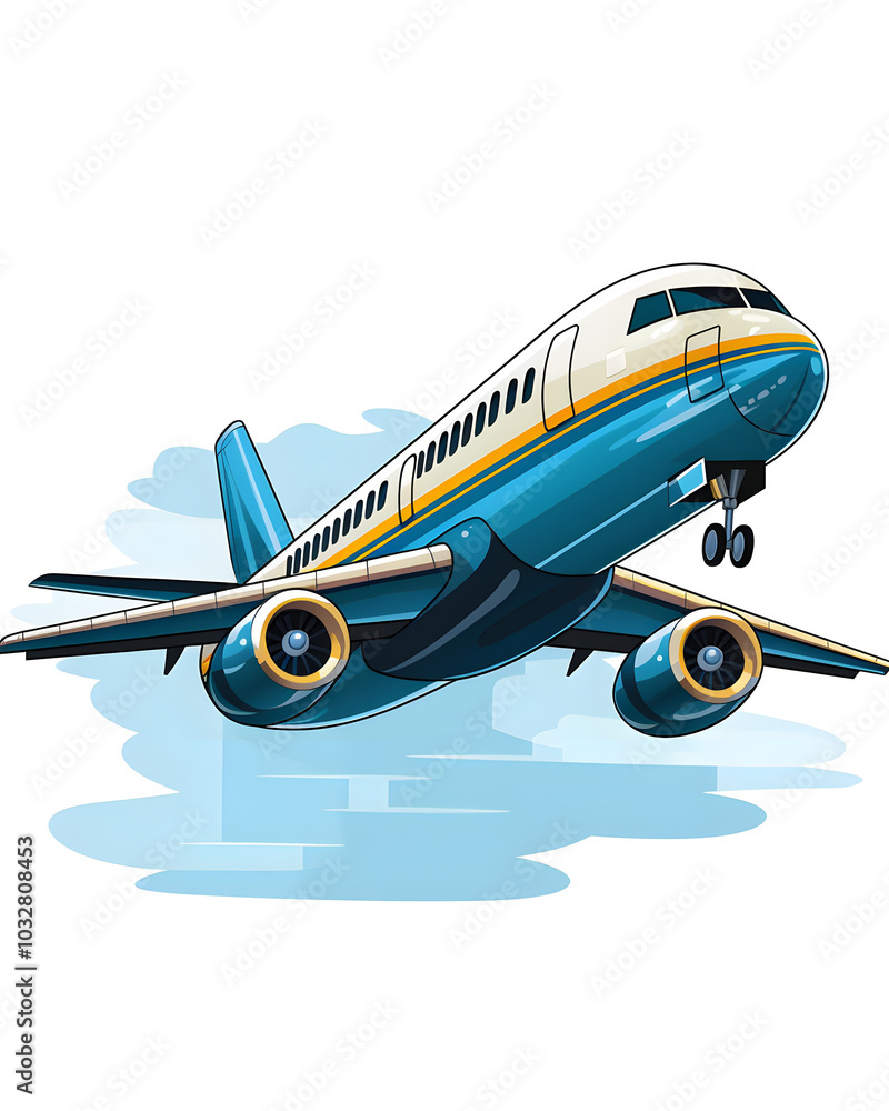 Passagierflugzeug im Cartoon-Stil beim Abheben (KI generiert)