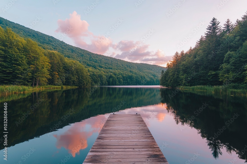 Wooden Dock Extending Into Serene Lake Surrounded by Lush Forest at Sunset Wooden Dock Extending Into Serene Lake Surrounded by Lush Forest at Sunset