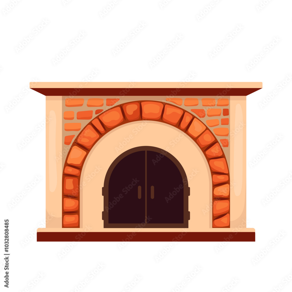 Fototapeta premium Cozy winter interior bonfire or hearth with red brick arch and iron doors. Classic fireplace made of stone in old house. Home fireplace for comfort and relaxation. Vector flat illustration