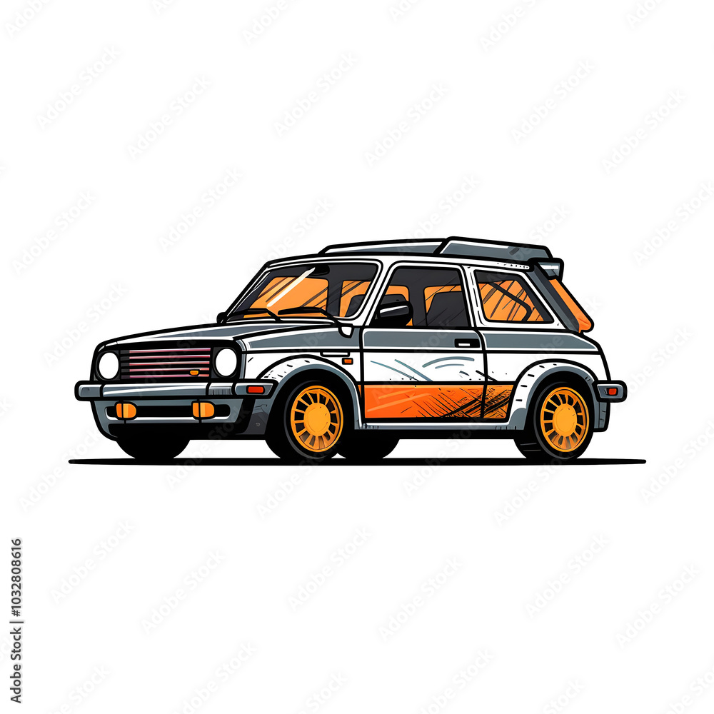 Klassischer Rallye-Kleinwagen im Retro-Cartoon-Stil (KI generiert) Klassischer Rallye-Kleinwagen im Retro-Cartoon-Stil (KI generiert)