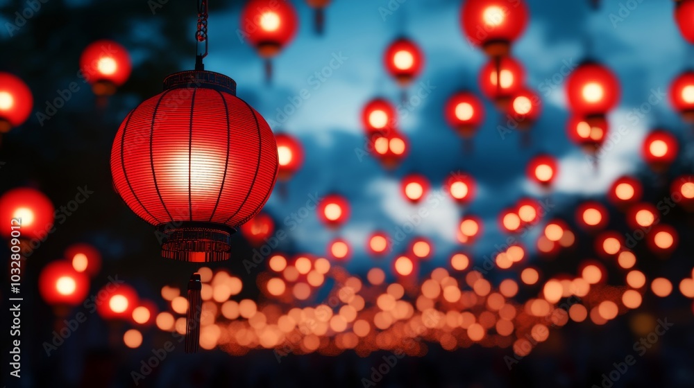 Red lanterns glowing brightly in a bustling street, with dragon decorations overhead and crowds celebrating Chinese New Year under a night sky filled with fireworks Red lanterns glowing brightly in a bustling street, with dragon decorations overhead and crowds celebrating Chinese New Year under a night sky filled with fireworks