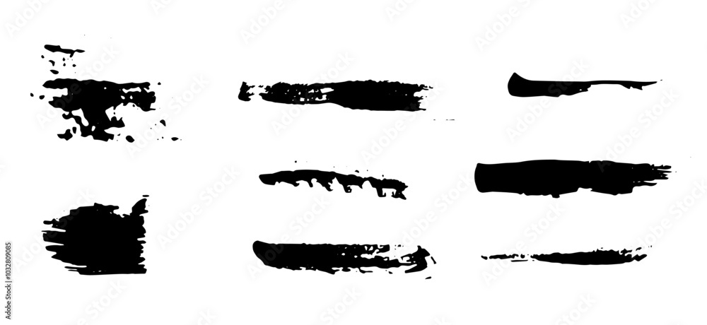 A set of black brushes or grunge style strokes. Black silhouettes of grunge textures A set of black brushes or grunge style strokes. Black silhouettes of grunge textures