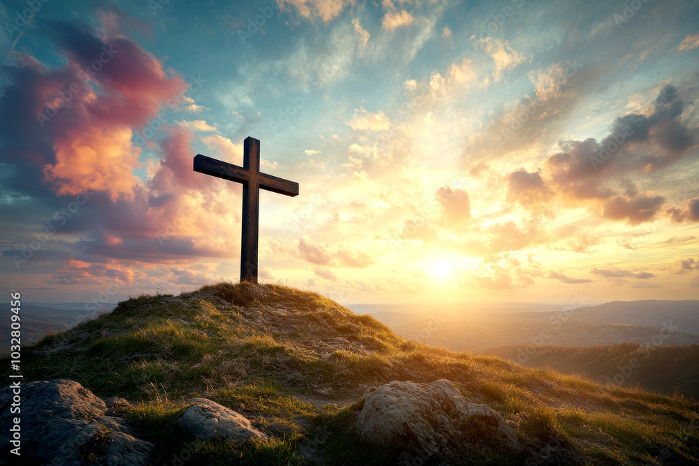 Cross on Hill with Dramatic Sunset Sky Cross on Hill with Dramatic Sunset Sky