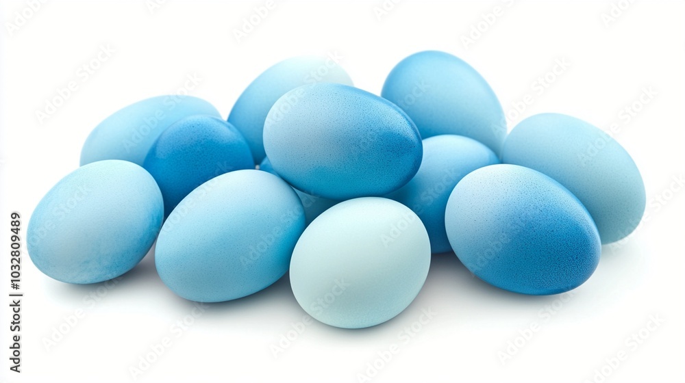 A collection of pastel blue Easter eggs in various shades, from pale sky to vibrant azure, arranged in a cluster against a pure white background. A collection of pastel blue Easter eggs in various shades, from pale sky to vibrant azure, arranged in a cluster against a pure white background.