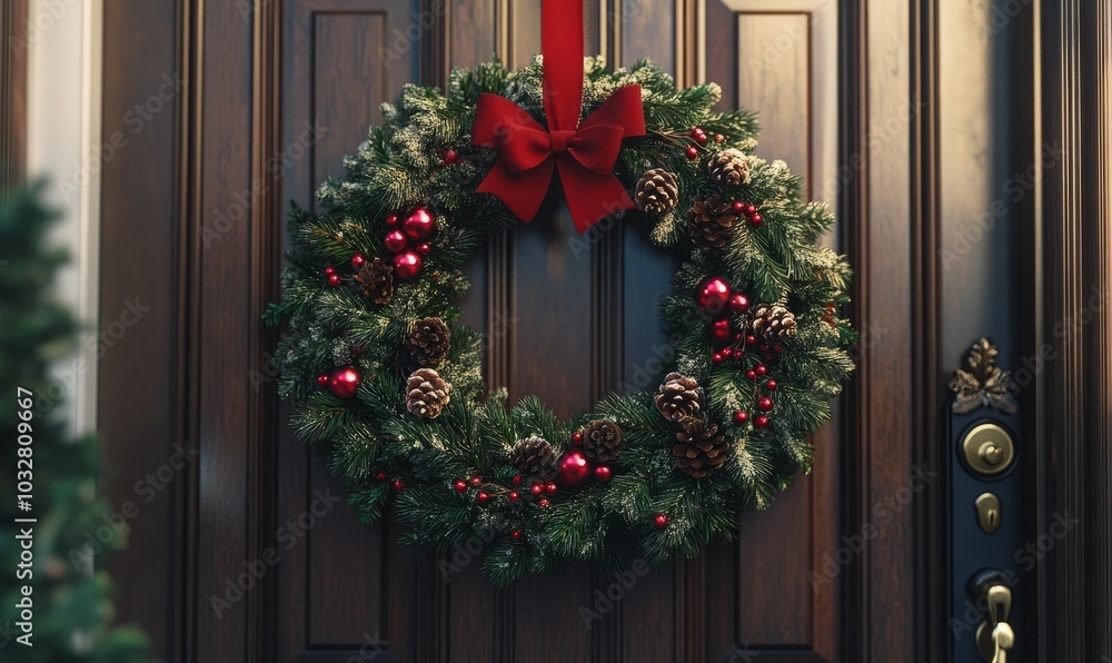 Naklejka premium Family holiday wreath hanging on a beautifully decorated front door