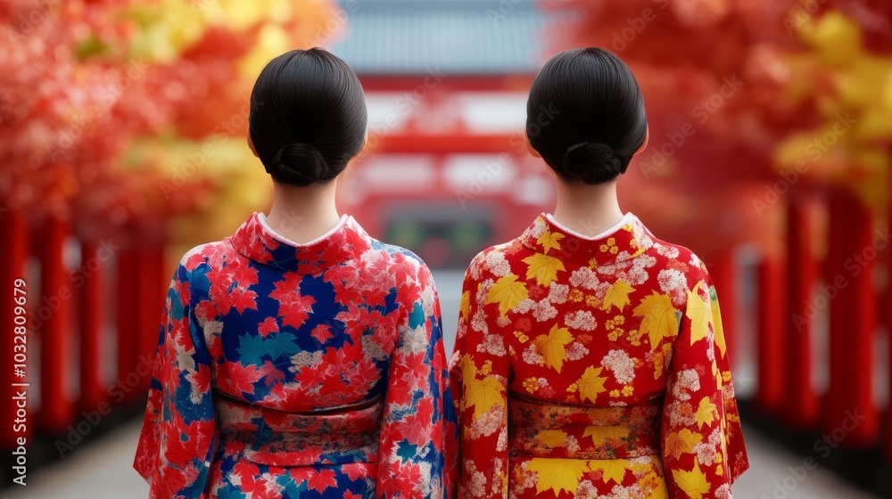 Two geishas in vibrant silk kimonos walking through a Japanese temple courtyard, surrounded by maple trees and traditional red torii gates Two geishas in vibrant silk kimonos walking through a Japanese temple courtyard, surrounded by maple trees and traditional red torii gates