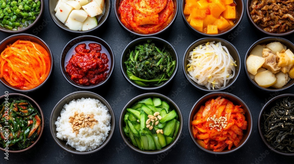 Traditional Korean table filled with Seollal foods like tteokguk, japchae, and rice cakes, beautifully arranged with vibrant colors for the Lunar New Year feast Traditional Korean table filled with Seollal foods like tteokguk, japchae, and rice cakes, beautifully arranged with vibrant colors for the Lunar New Year feast