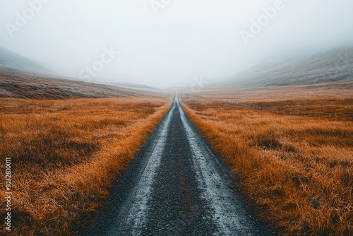 A Foggy Road Leading Through a Field of Brown Grass