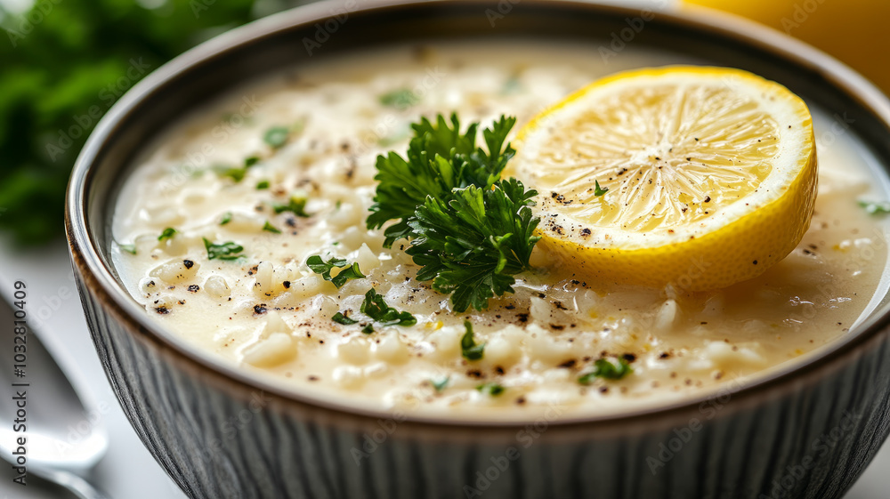 A bowl of creamy soup garnished with lemon and parsley. A bowl of creamy soup garnished with lemon and parsley.