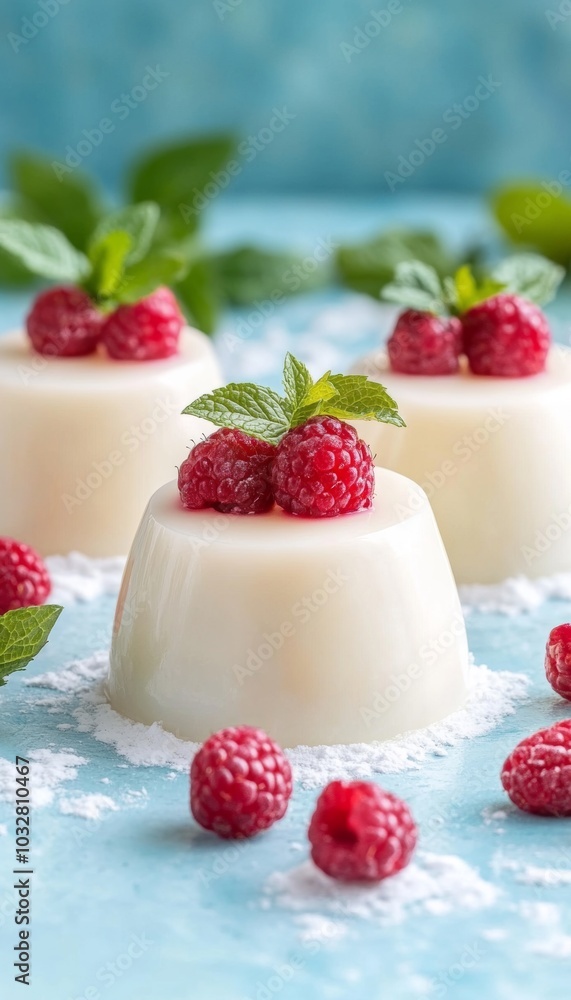 Creamy white panna cotta topped with fresh raspberries and mint, a delightful dessert. Creamy white panna cotta topped with fresh raspberries and mint, a delightful dessert.