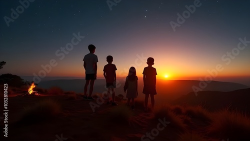 Wide shot 3 boys and 2 girls kids silhouetted on a flat hill overlooking the Australian desert at sunset with some stars in the sky small camp fire on the left of frame