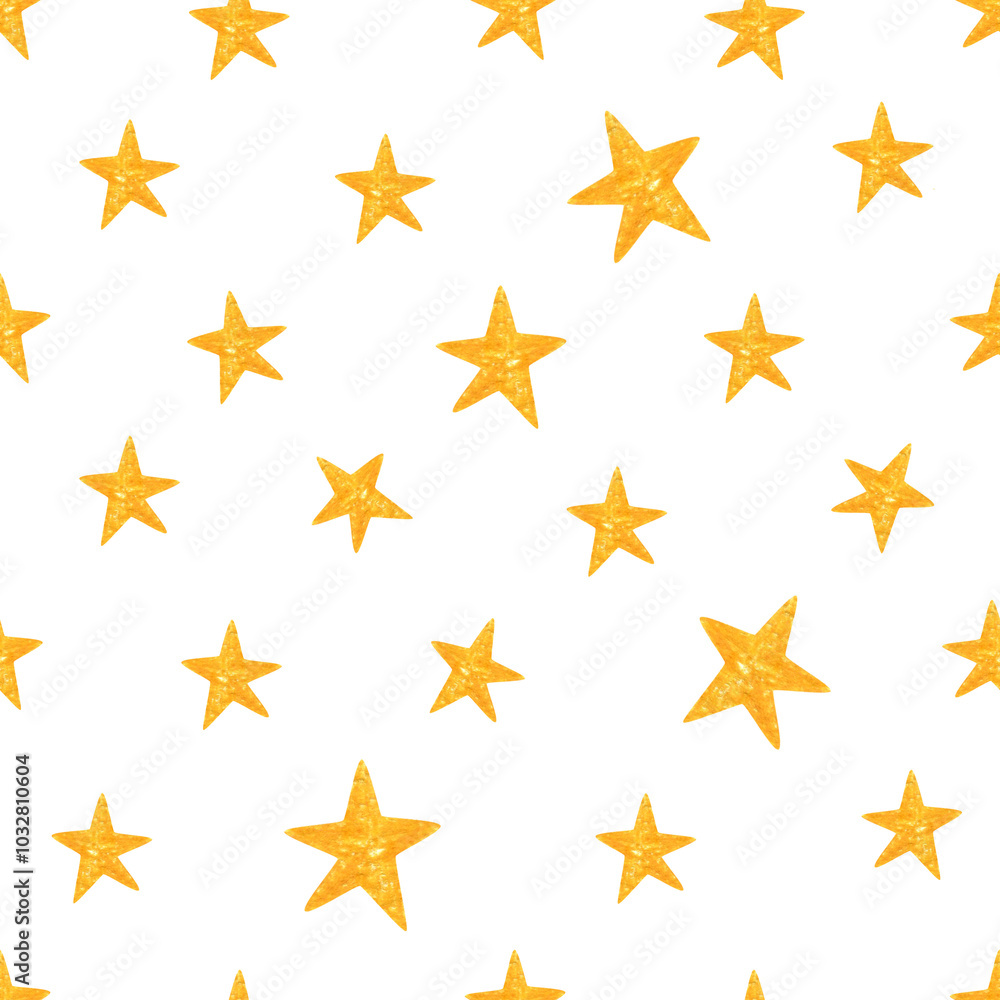 Seamless pattern with yellow stars, watercolor illustration. Stars on a white background. Cosmic, astronomical pattern, magical ornament. Good for fabric, textile, pajama, linen, wallpaper, background Seamless pattern with yellow stars, watercolor illustration. Stars on a white background. Cosmic, astronomical pattern, magical ornament. Good for fabric, textile, pajama, linen, wallpaper, background