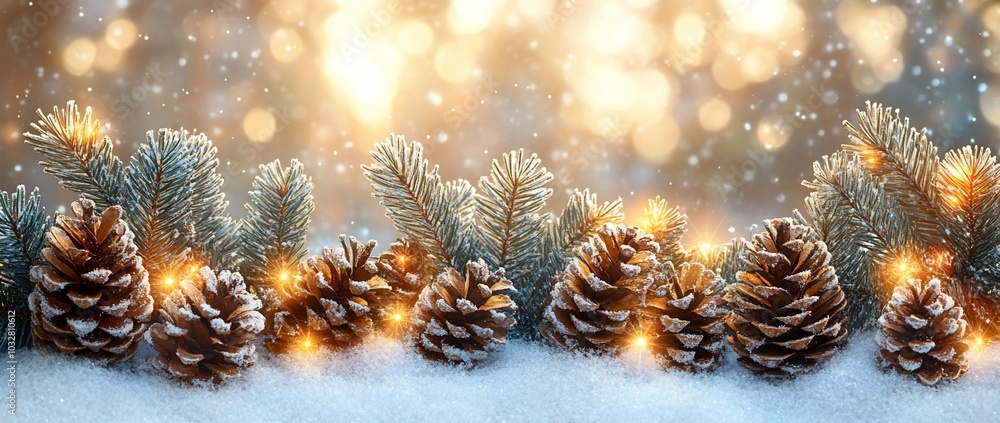 A winter scene featuring pine cones, snow, and soft lights, evoking a cozy holiday atmosphere.