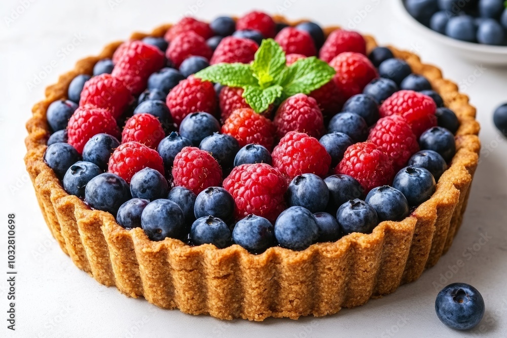 A close-up of a delicious homemade fruit tart with blueberries and raspberries on a white background. A close-up of a delicious homemade fruit tart with blueberries and raspberries on a white background.