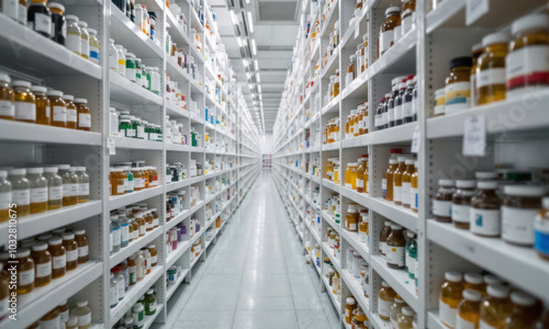 Pharmaceutical Remedies Pill Bottles Shelves Aisle