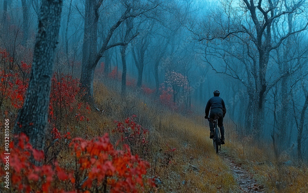 A person is riding a bicycle through a forest with red leaves on the ground. The scene is calm and tranquil, with the rider enjoying the beauty of nature A person is riding a bicycle through a forest with red leaves on the ground. The scene is calm and tranquil, with the rider enjoying the beauty of nature