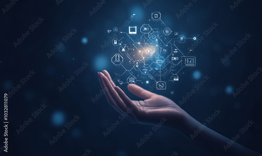 concept with icons and circuitry above a hand, representing artificial intelligence in business, on a dark blue background concept with icons and circuitry above a hand, representing artificial intelligence in business, on a dark blue background