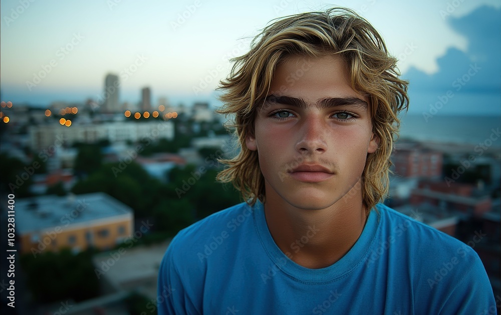 A young man with blonde hair and blue shirt is standing in front of a city skyline. He has a serious expression on his face A young man with blonde hair and blue shirt is standing in front of a city skyline. He has a serious expression on his face