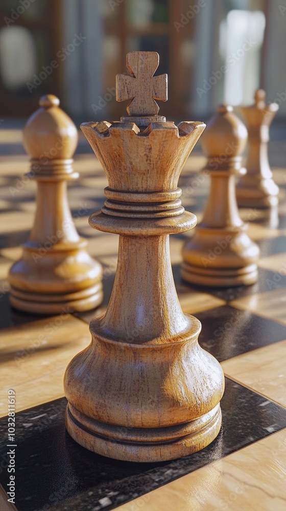 Wooden chess pieces on a board, focusing on the king with its distinctive cross-topped crown, surrounded by other pieces in a classic game setup. Wooden chess pieces on a board, focusing on the king with its distinctive cross-topped crown, surrounded by other pieces in a classic game setup.