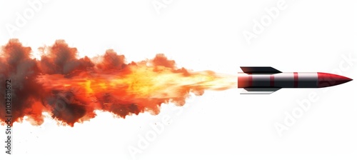 Missile rocket firing with flames isolated on white, illustrating military power photo