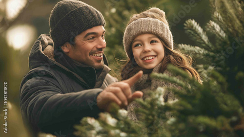 Father and daughter standing together in a Christmas tree lot, Buying a Christmas tree, Christmas preparation