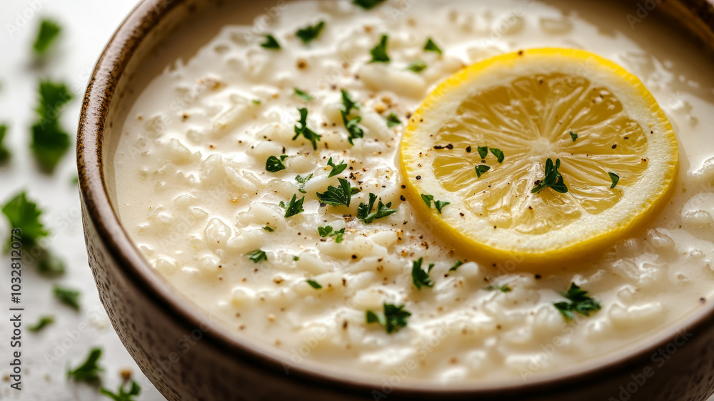 Creamy soup garnished with lemon slice and parsley. Creamy soup garnished with lemon slice and parsley.