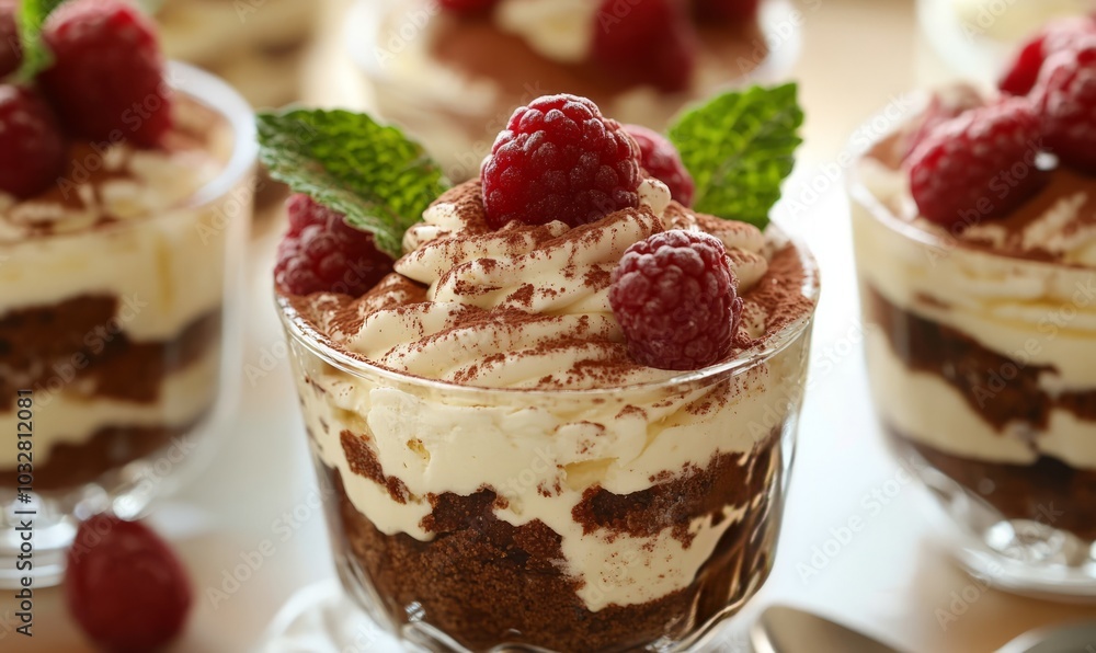Elegant tiramisu desserts in glass cups Elegant tiramisu desserts in glass cups