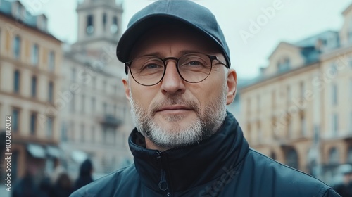 An elderly man with a white beard and glasses gazes at the camera while standing on a vibrant street filled with trees and vehicles, surrounded by the charm of the city