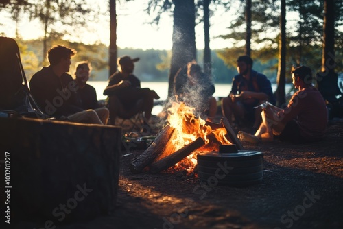 A group of friends gather around a crackling campfire in the woods, enjoying a night under the stars.