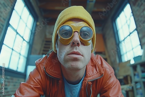 quirky image of young man wearing oversized yellow goggles and matching beanie, staring directly into camera with playful, curious expression. eccentricity and youthful energy in vibrant setting photo