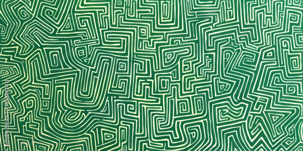 Intricate green and white pattern featuring simple line drawings of maze-like shapes filled with various patterns. The design showcases doodle art style against a plain green background. Intricate green and white pattern featuring simple line drawings of maze-like shapes filled with various patterns. The design showcases doodle art style against a plain green background.