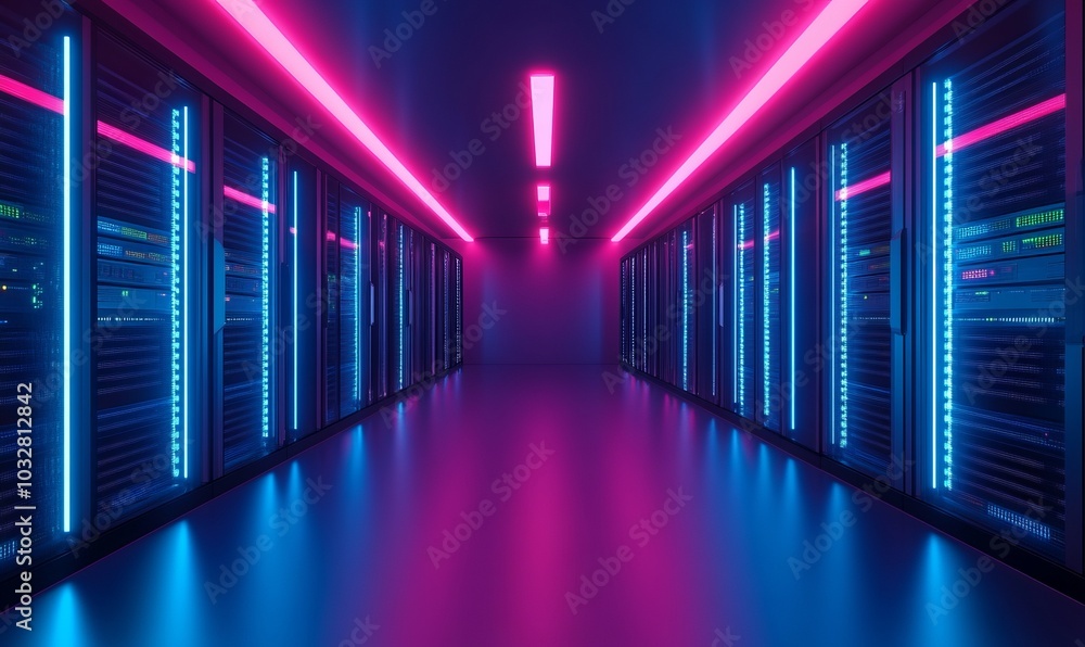 Abstract data center room with bright neon blue and pink light glowing server blocks Abstract data center room with bright neon blue and pink light glowing server blocks