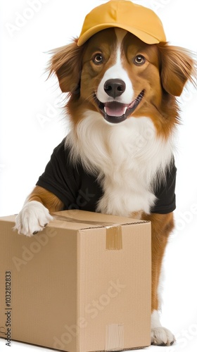 A joyful dog proudly holds out a package while wearing a delivery cap, set against a vibrant yellow background that enhances the playful atmosphere photo