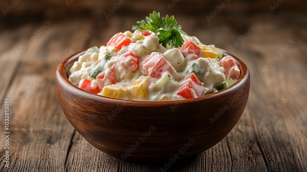 Creamy potato salad with colorful vegetables served in a rustic wooden bowl on a weathered table, perfect for summer picnics and barbecues. Creamy potato salad with colorful vegetables served in a rustic wooden bowl on a weathered table, perfect for summer picnics and barbecues.